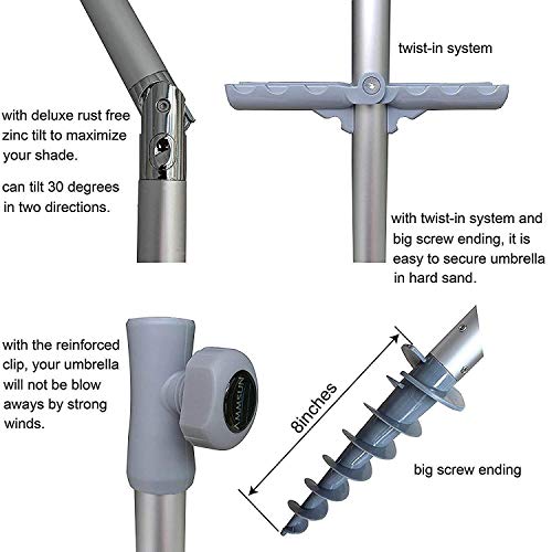 AMMSUN 7ft Beach Umbrella with Sand Anchor Sand Screw, Tilt, Windproof