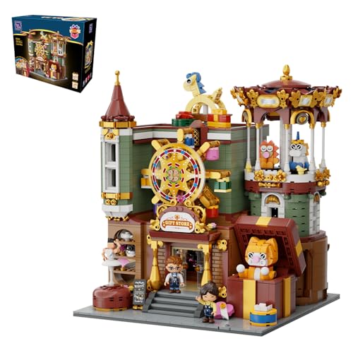 PANTASY Geschenkeladen Clamping Building Blocks Set for Adults, Motorised European Fairy Tale House with Carousel, Ferris Wheel, Hinged Back Panel and Detailed Interior, Modular Building Display