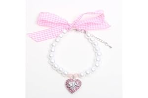XKSRWE Dog Pearls Necklace Collar with Rhinestones Heart&Angel Charm Pendant Pet Puppy Jewelry Accessory (L, Pink)