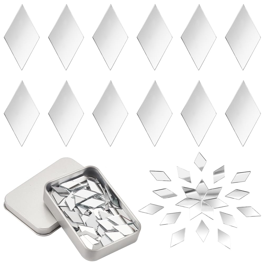 OLYCRAFT 150pcs Rhombus Craft Mirrors, 25x13mm, Silver, Glass, Non-Stick, DIY Mirror Tiles for Crafts, Art, Wall, Door, Home Decorations