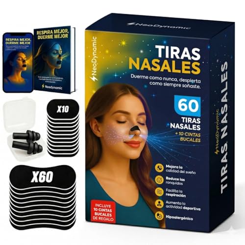 60 Tiras Nasales Deportivas + 10 Mouth Tape + Tapones oidos + E-Book de Regalo, tiras nasales para dormir, nose strips, tiritas nariz respirar, respirar mejor por la nariz, tiras antironquidos nasal
