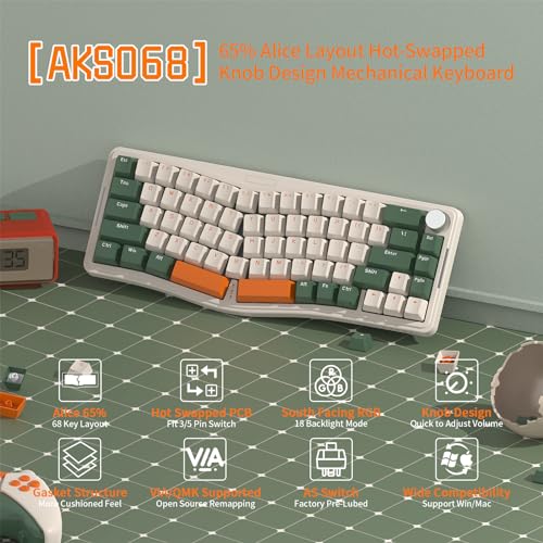 ATTACK SHARK AKS068 Teclado mecânico para jogos com fio 65% Alice Layout Hot-swapped Gaxeta, RGB Retroiluminado VIA Botão programável NKRO TKL AS Interruptor Clicky Blue pré-lubrificado (Verde)