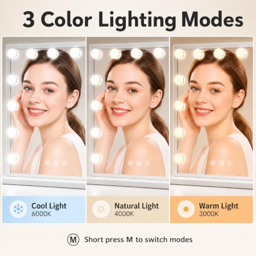 Hcosmy Vanity Mirror with Lights Lighted Makeup Mirror with 15 Dimmable LED Bulbs,3 Color Lighting Modes,USB Charging Port Touch Control,Sturdy Metal Frame Design 24x18 Inch