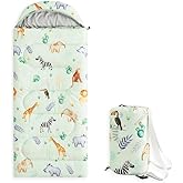 Wake In Cloud - Kids Sleeping Bag for Boys Toddlers, Camping in Warm Cold Weather, Backpacking Lightweight Compact Outdoor Liner for 3 Seasons Summer Spring Fall, Animal Zoo Green