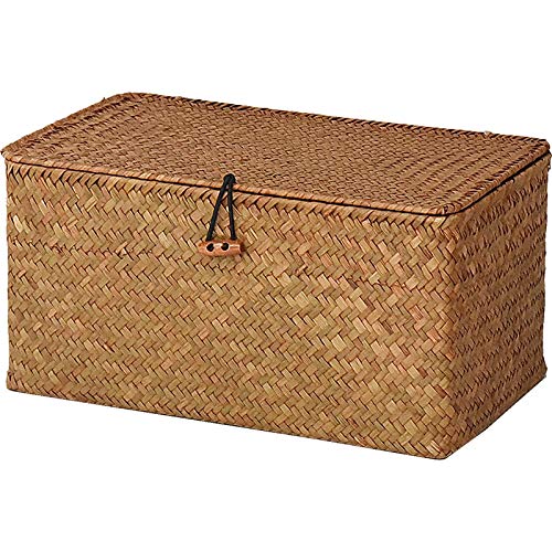 DOKOT Seagrass Storage Baskets with Lids Natural Wicker Basket (Medium 30cmx18cmx15cm H)