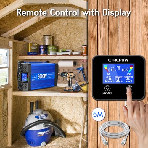 ETREPOW 3000 W/6000 W Inverter 12 V 220 V Pure Wave with Remote Control, 2 EU Sockets, 2 USB + Type-C Ports, for Household Appliances, Caravans, Camping Voltage Converter.