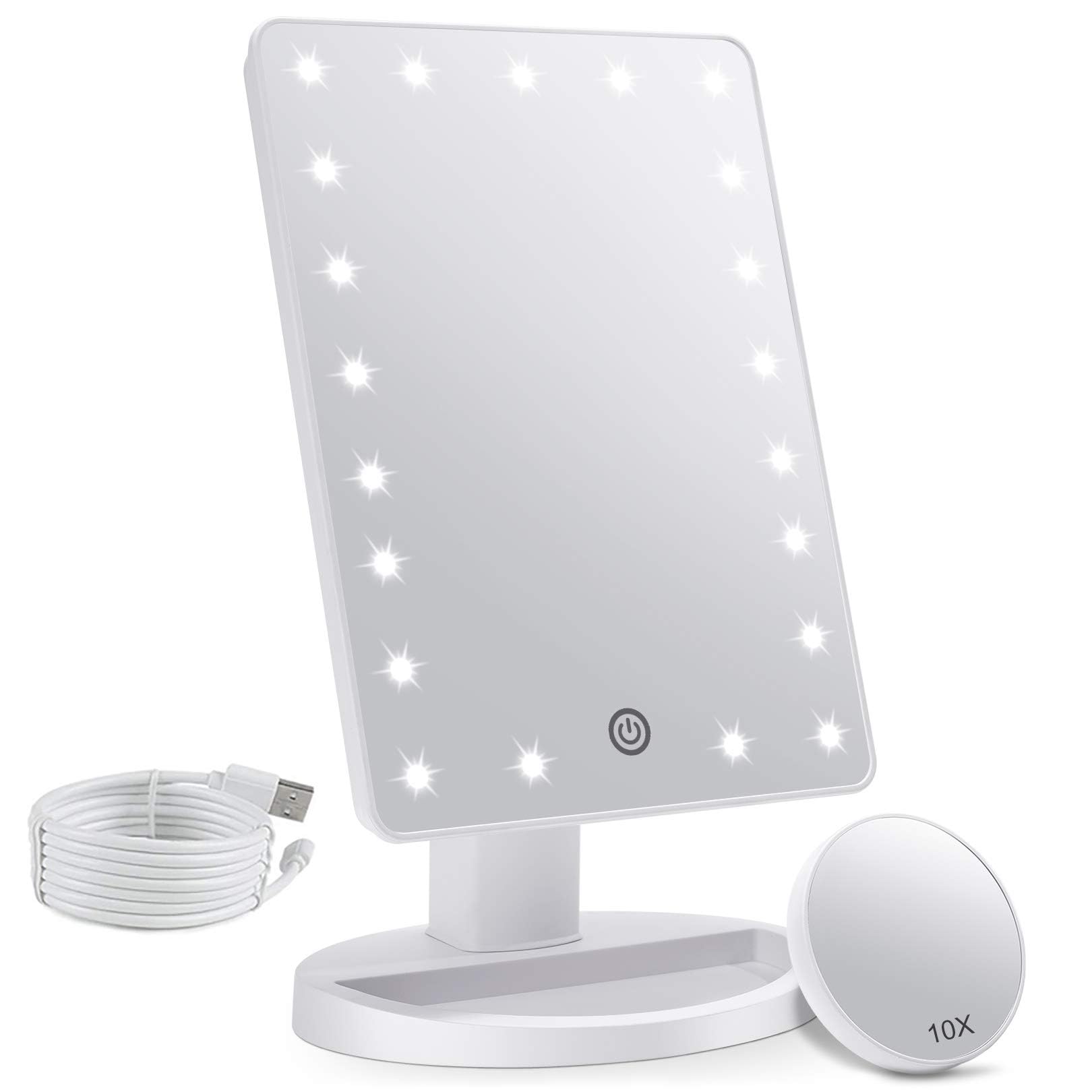 FASCINATE Makeup Vanity Mirror with Lights and Detachable 10X Magnification, 21 Led Lights Adjustable Dimming Touch Sensor, Dual Power Supply, 180° Rotation, Portable Cosmetic Mirror(White)