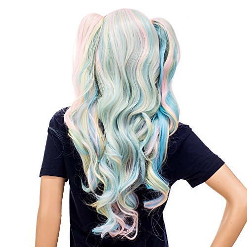 SWACC Long Curly Double Claw Clip on Ponytail Wig Synthetic Pastel Colorful Cosplay Daily Party Wig for Women and Kids with Wig Cap (Multi-Color Pink/Blue/Blonde-2)