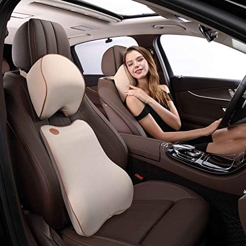 Ergoneer Premium Memory Foam Back Cushion Lumbar Support & Neck Rest Pillow Car Seat Kit for Driving Office and Home (Beige)