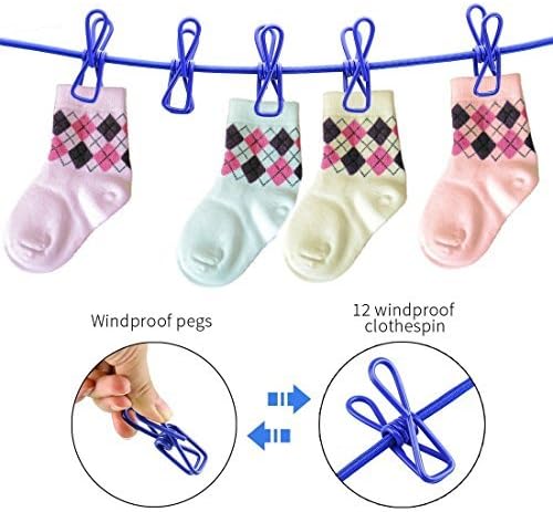 Portable Clothesline Washing Line with 12 Windproof Pegs, Perfect for Camping Hiking Beach Trips & Home Use(Blue)