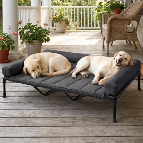 Veehoo Elevated Dog Bed, Lifted Dog Ded Add Waterproof Removable Pillow-Top Mat, Raised Pet Cot with Breathable Mesh, No-Slip Feet, Bolster Dog Cot Bed for Indoor & Outdoor, 150 x 95 cm, Black