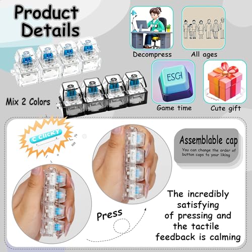 2Pcs Keyboard Fidget Keychain, 4-in-1 Keyboard Decompression Button Finger Clicker Toys, Button Stress Relief Fidget Gift for Office Home Pass Time (Clear Black)