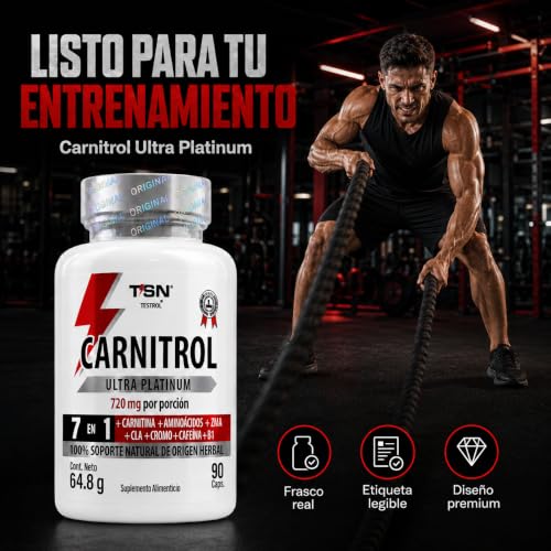 CARNITROL | PreEntreno 7 en 1 para Energía y Enfoque – 220 mg Cafeína por cápsula más L-Carnitina, ZMA, CLA, Picolinato de Cromo, B1 y D-TOX plus | TSN Testrol