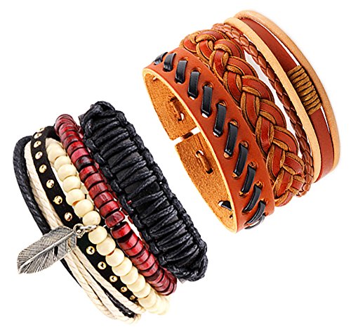 JF.JEWELRY 7PCS a Pack Stackable Braided Leather Cuffs Bracelet Men Women Tribal Feathers Charms