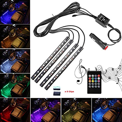 Car LED Strip Lights,Unpopular 4pcs 48 LED DC12V Waterproof Car Interior Music Multicolor LED Under Dash Lighting Kit with Sound Active Function,Wireless Remote Control(4x12LED With Cigarette Lighter)