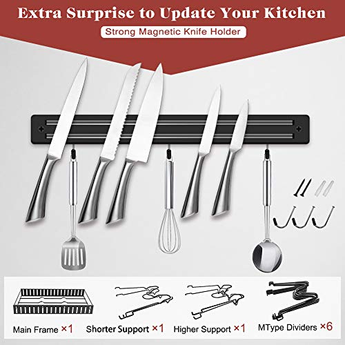 Pot Rack Organizer, 3 DIY Methods, Adjustable Height and Position, 8+ Pots Holder, Black Metal Kitchen Cabinet Pantry Pot Lid Holder, include Magnetic Knife Strip