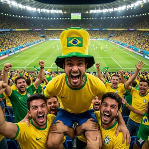 Kit Torcida Brasil Copa do Mundo 2026, 4 Peças, Bandeira 50x70cm, Chapeu Cartola do torcedor, Corneta com Mini-Bandeira, Varal de bandeiras