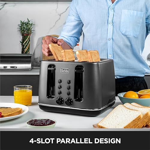 BLACK+DECKER Premium 4 Slice Stainless Steel Toaster – 2300W Dual Sided Heating with 6 Level Independent Browning Control, Defrost & Reheat LED Buttons, 4-Slot Design, 36mm Wide Slots | SSET425-B5