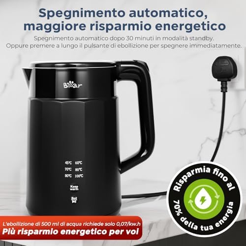Bollitore elettrico 1800 W-2200 W, 1,7 l, 45 °C ~ 100 °C, con 6 regolazioni di temperatura, spegnimento automatico e funzione di mantenimento in caldo, acciaio inox 304, protezione asciutta