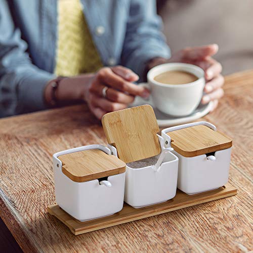 RZChome 3 Pack Sugar Bowl with Bamboo Lid and Spoon and Creamer set for Home and Kitchen White, Each 8.58 FL OZ (254 ML)