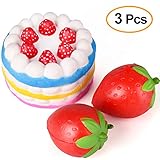 KUUQA 3 Pcs Squishies Slow Rising Jumbo Rainbow Squishy Cake and Strawberry Fruit Charms Squishy Toys Stress Relief Toys Party Favors ( Colour Random)