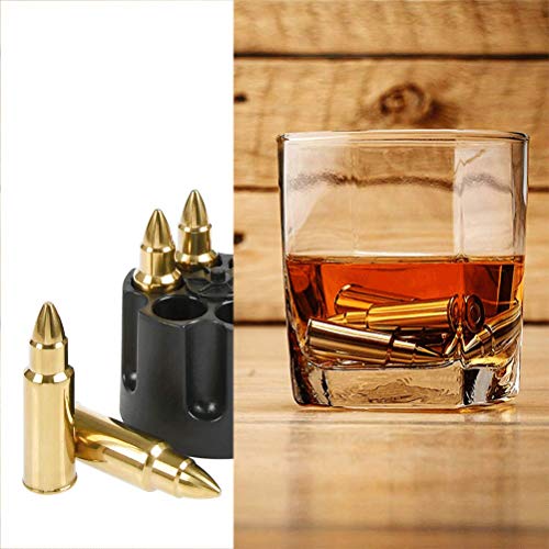 Whiskey Stones Bullets with Base, Gold Stainless Steel Whiskey Bullets,Set of 6 Extra Large Bullet Shaped Ice Cube Reusable for Whisky Bourbon- Best Gift for Men