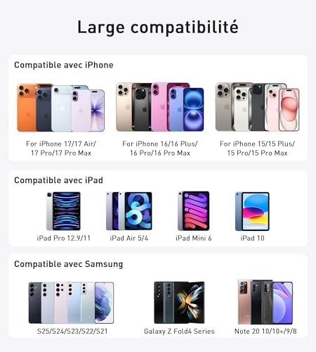 30W Chargeur USB C Rapide for iPhone 17 16 15/17 16 15 Pro/17 16 15 Pro Max/17 Air/16 15 Plus/iPad Pro/Mini/Air, Samsung Galaxy S25/S24,Type C Charge Secteur Prise avec 2M Câble
