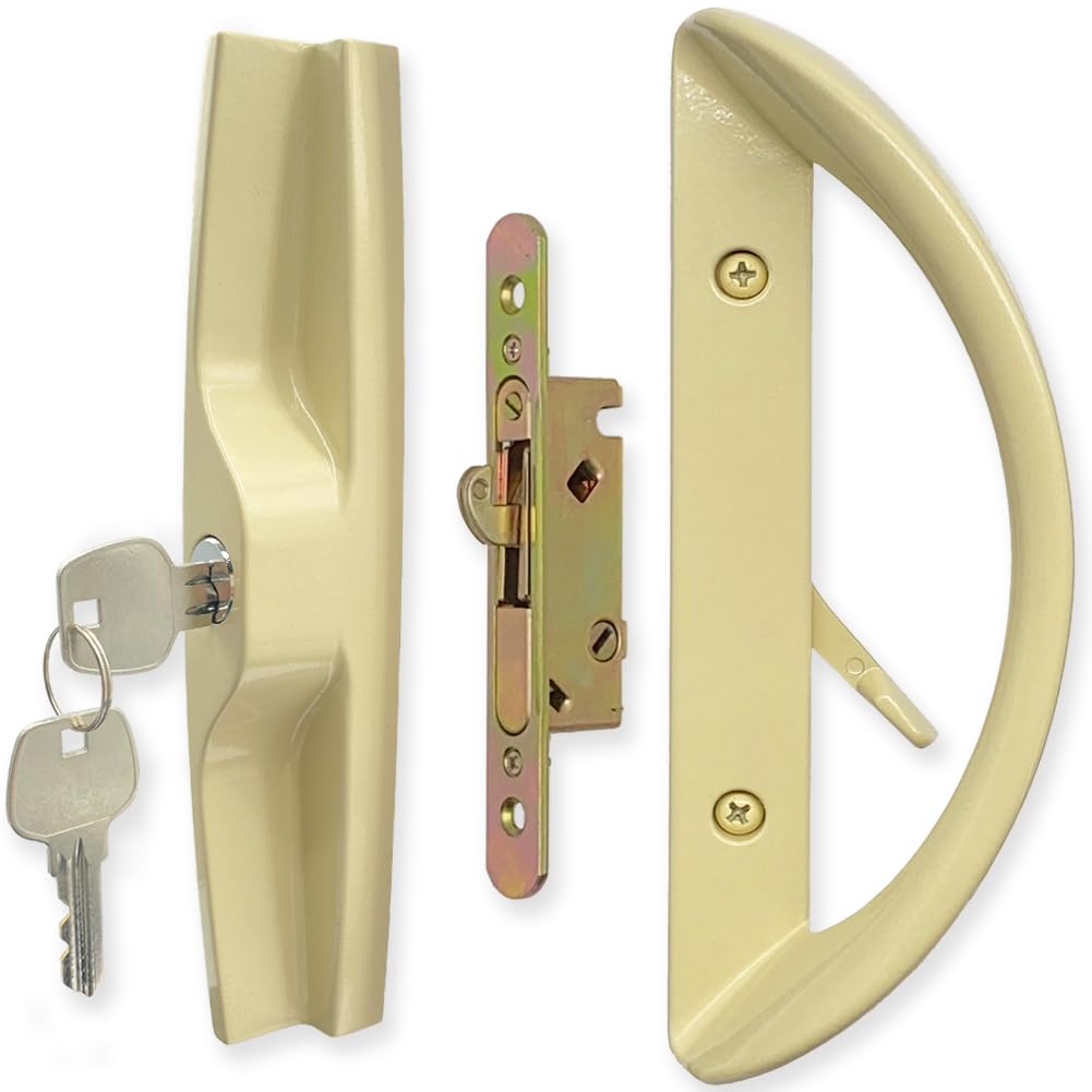 Photo 1 of ALLYWASAI Patio Sliding Door Handle Set with Mortise Lock, Key Cylinder and Face Plate, Full Replacement Handle Lock Set Fits Door Thickness from 1-1/2" to 1-3/4", 3-15/16" Screw Hole Spacing, Beige