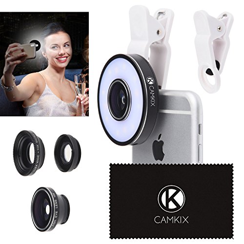 Camera Lens Kit with LED Ring Light for Phone/Tablet - Universal - Fisheye, Wide Angle and Macro Lens - Amazing Upgrade for Apple iPhone 8/7/SE/6/6S, iPad, Samsung Galaxy S9/S9+, S8/S8+, S7/S7 Edge