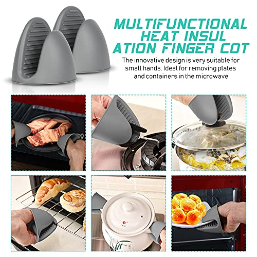 Silikon Ofenhandschuh 6er-Set, Hitzebeständige Topfhandschuhe 1 Paar mit 2 Topflappen Untersetzer & 2 Mini Rutschfeste Silikon Griff Quetschhandschuhe - Wasserfest, Leicht zu Reinigen (Schwarz)