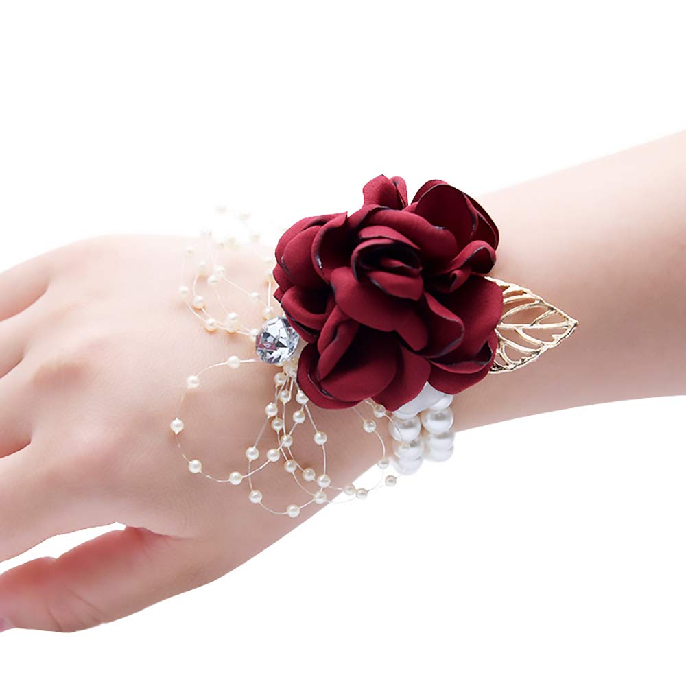 shiwaki 2pcs Flower Girl Bridesmaid Wrist flower Bridal Silk Wrist Flower Wedding Prom Hand Flowers Decor gifts (Red wine）