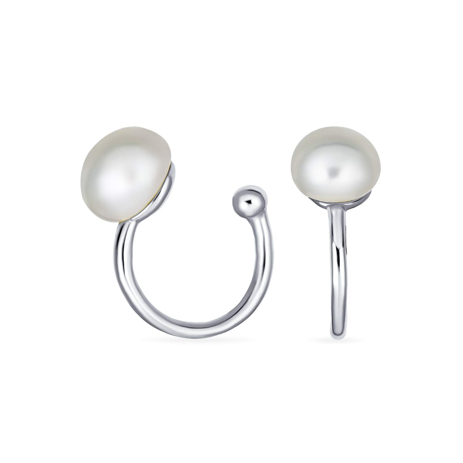 Minimalist Spiral Wire 2 White Freshwater Cultured Pearl Cartilage Ear Cuff Earrings For Women .925 Sterling Silver