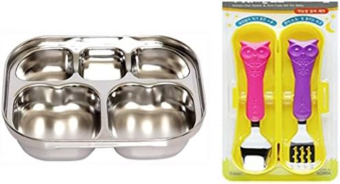 Edison Kids Spoon Fork Set(Owl 2 Pink) + Stainless Steel Tray Diet Plate Diet Food Control Tray Bento
