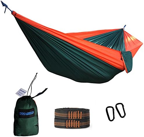 XiYoYo Nylon Parachute Double Camping Hammock with Easy Hanging Tree Straps and Carabiners Portable for Outdoor Travel Backpacking 118x78 inches 600lbs (Orange/Dark Green)
