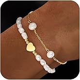 Fezodo Valentines Day Gifts for Her Pearl Bracelet - Dainty 18K Gold Plated Pearl Heart Daisy Beaded Bracelet Stack Beach Jewelry Bracelets Valentines Gifts for Mom Daughter Wife Girlfriend