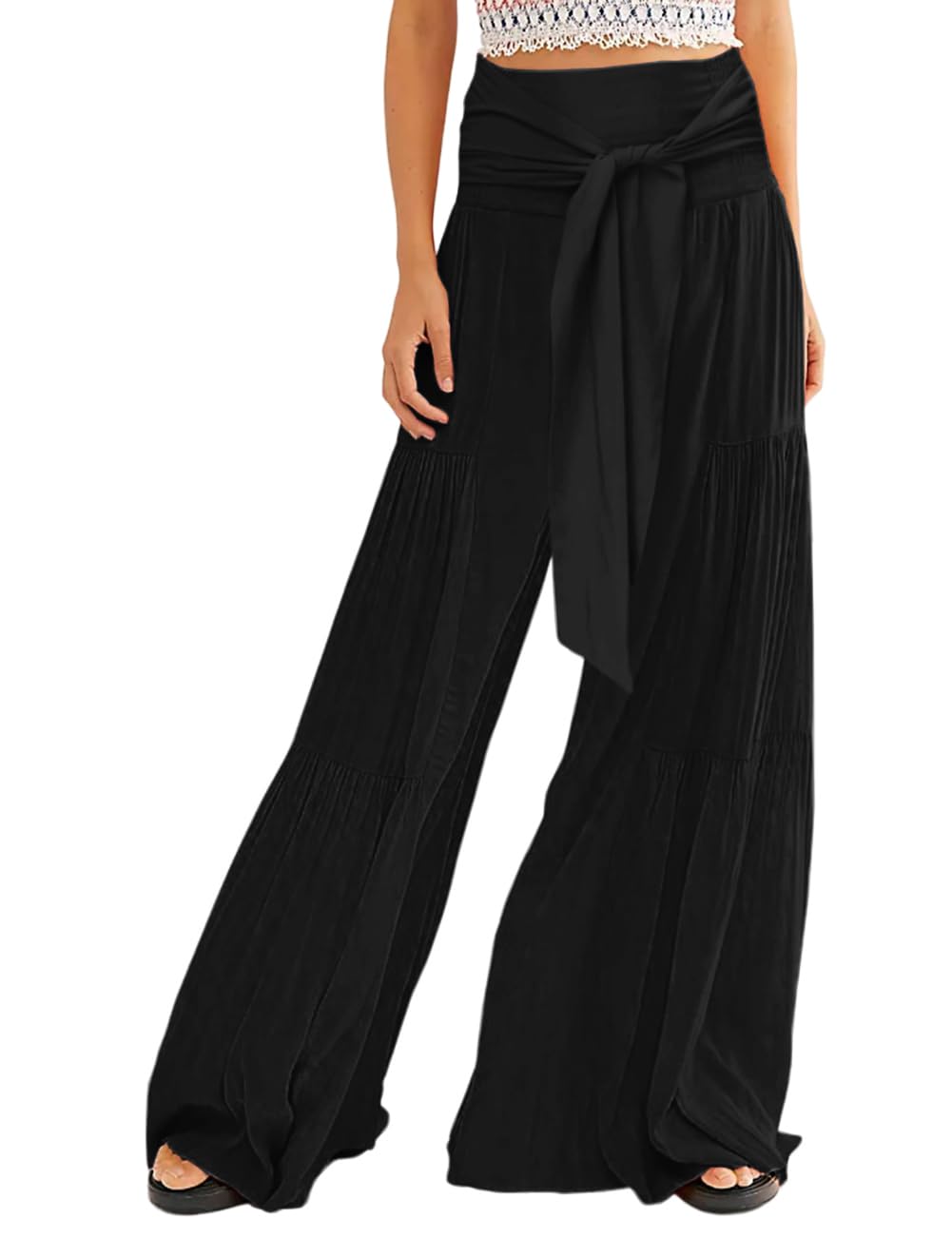 Photo 1 of Lrady Womens Wide Leg Palazzo Lounge Pajama Pants High Waist Tied Belt Beach Boho Loose Yoga Athletic Long Trousers, Black, X-Large