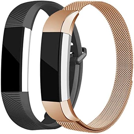 AKALE Replacement Bands Compatible for Fitbit Alta/Alta HR, Stainless Steel Metal Strap and Extra Silicone Replacement Bands (Rose Gold + Black Small)