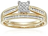 Jewelili 10kt Yellow Gold Square Center Diamond Bridal Ring Set (1/7 cttw)