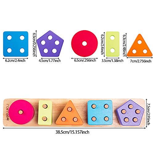 rolimate Wooden Educational Shape Color Recognition Geometric Board Block Stack Sort Chunky Puzzle Toys, Birthday Gift Toy for Age 3 4 5 Years Old and Up Kid Children Baby Toddler Boy Girl (ZY-201)