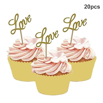 Dusenly 20 X Golden Glitter Love Cupcake Toppers Dessert Food Cake