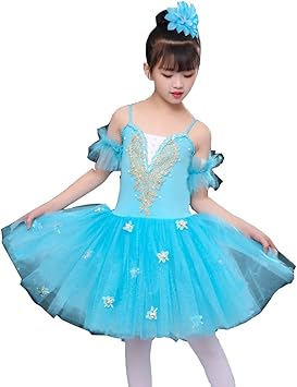 Amazon ロモハナガ バレエ レオタード キッズ 100 160cm バレエ レオタード 子供 花飾り レオタード バレエ 衣装 バレエダンス衣装 体操服 女の子 ドレス キッズ バレエ ワンピース 青 新体操 レオタード 子供 競技用 練習着 Yorkfine バレエ