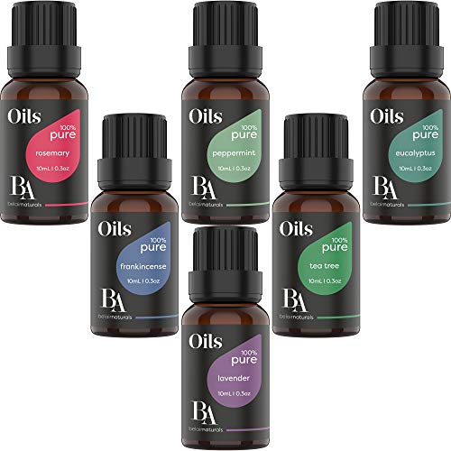 Bel Air Naturals Aromatherapy Top 6 Essential Oils Set - 100% Pure Therapeutic Grade - Peppermint/Tea Tree/Rosemary/Lavender/Eucalyptus/Frankincense - Best For Oil Diffuser, Massage