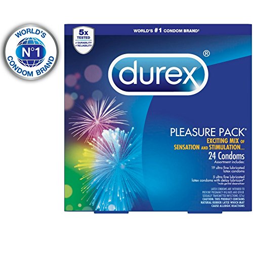 Durex Condom Pleasure Pack Assorted Natural Latex Condoms, 24 Count - An exciting mix of sensation and stimulation