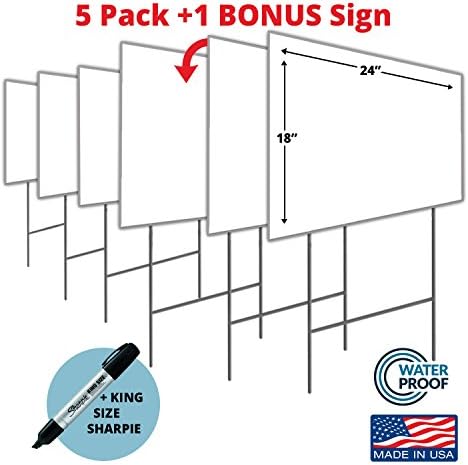 Blank Yard Signs 5 Pack +1 Bonus 24"x18" Includes H Stakes (6, Blank White)