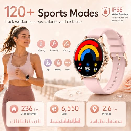 Reloj Inteligente Mujer 1,27" Smartwatch Redondo con Llamadas Bluetooth, Frecuencia Cardíaca SpO2 Sueño, 120+ Modos Deportivos, IP68 Resistente al Agua, 2 Correas, Compatible con Android iOS, Oro Rosa