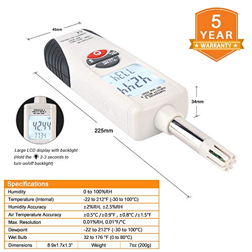 Hygro-Thermometer Psychrometer,Handheld Digital Humidity Temperature Meter with Backlight Large LCD Display and Auto Power Off, Dual Display Temperature & Humidity, Battery Included,Hti-Xintai - Thumbnail 2
