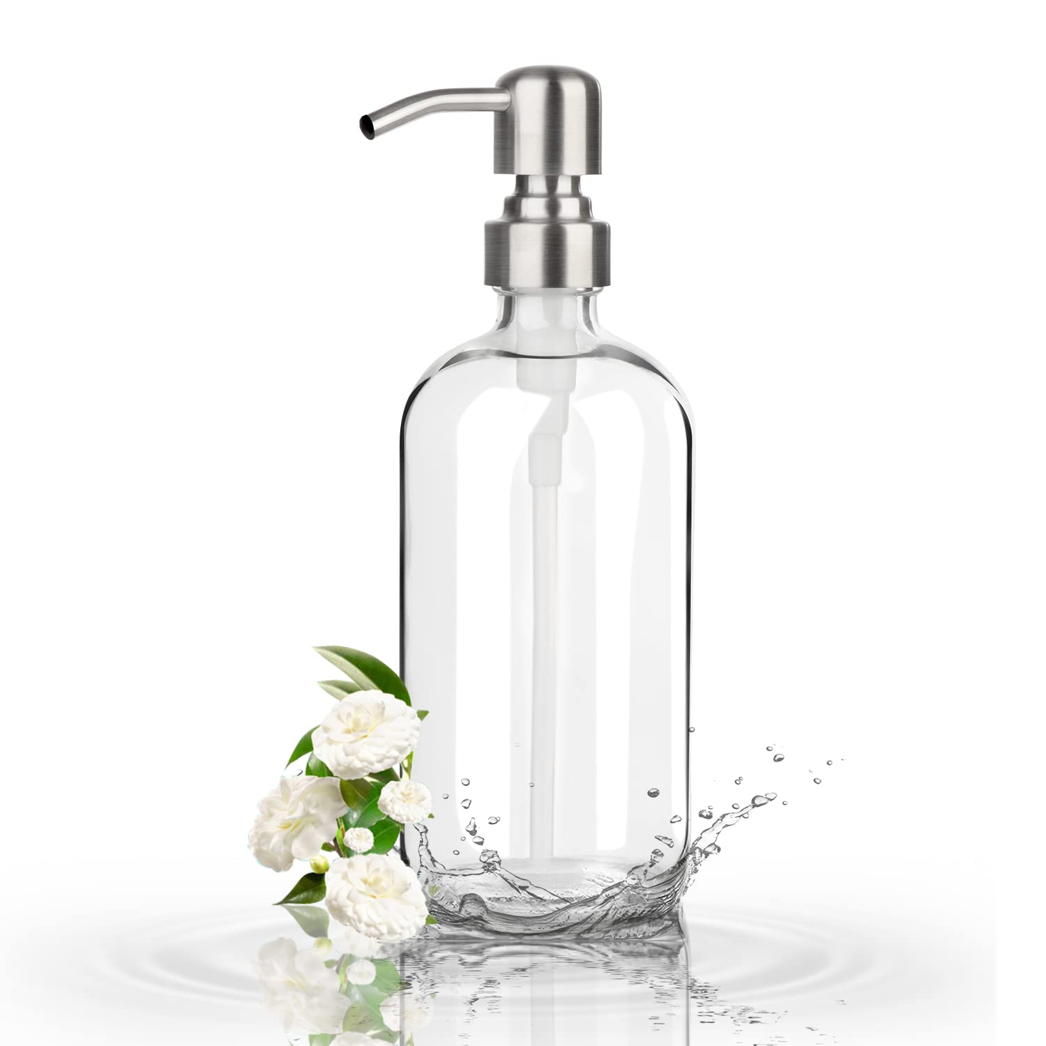 GLUBEE Clear Glass Soap Dispenser, 500ml Washing Up Liquid Dispenser with Stainless Steel Pump, BPA Free, Eco Friendly for Bathroom, Kitchen Sink