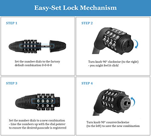 Ardent Cable Bike Lock Combination - no Key - Heavy Duty Extra Long 6ft Steel Chain - for all Road & Mountain Bicycles - Easy Resettable Number Combo for Kids and Adults - Best for Outdoor Use