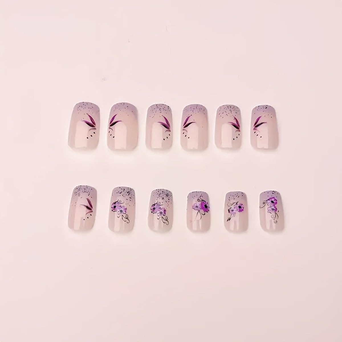 Purple French Press on Nails Short Square Fake Nails Nude False Nails Press ons with Purple Flower Design Glitter Nail Art Tips Full Cover Acrylic Glue on Nails for Women 24 Pcs - Image 4