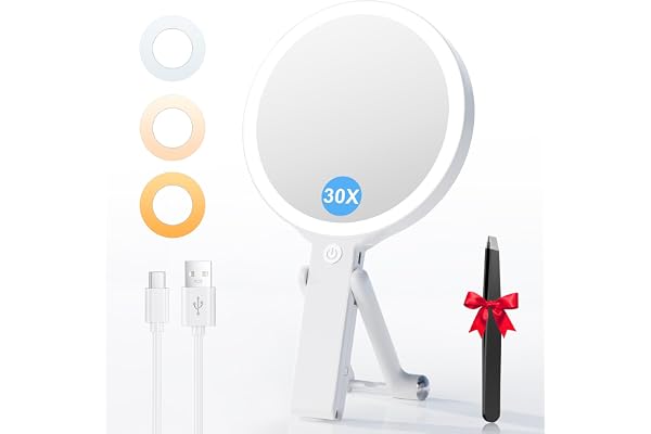 Auxmir 30X/1X Magnifying Mirror with Light, Double-Sided Makeup Mirror with Adjustable Folding Handle, Tabletop Portable, Rec